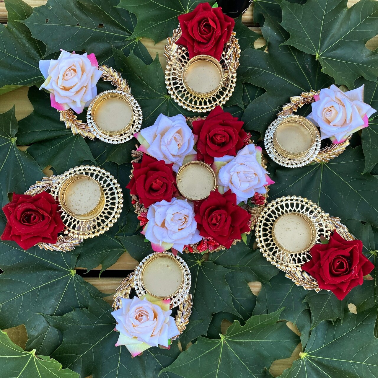 Rose Tea Light Candle Holder Diwali Decoration Rangoli Candle Holder Onam Pongal Rangoli Floor Decor Centerpiece Tealight Festive Decor Indian Return Housewarming Deepavali Gifts (set of 7)
